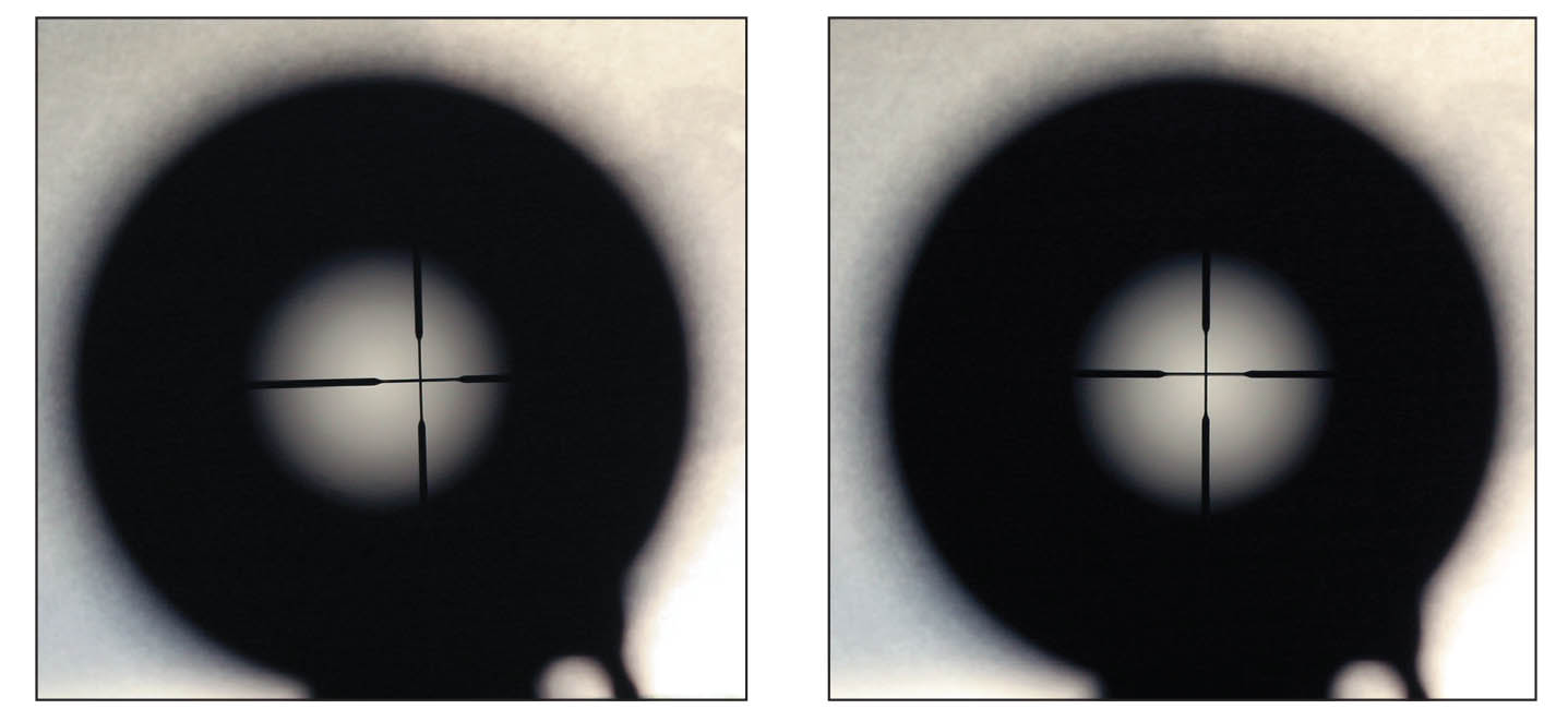 Most big-game scopes without any means of parallax correction are set at the factory for 100 to 150 yards, so it is normal to have considerable parallax at 50 yards. Get around parallax by backing your aiming eye away from the scope until a black ring appears around the edges of the field of view. The visible field is the exit pupil, and if the reticle is centered in the exit pupil (right), there is no parallax.